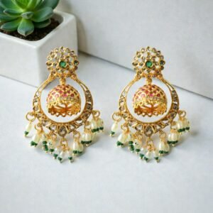 Heritage Gold-Plated Chandbali Jhumka Earrings with Emerald & Ruby Detailing