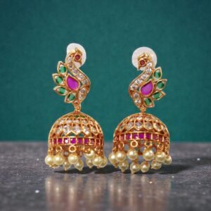 Elegant Peacock Motif Gold-Plated Jhumka Earrings with AD Stones & Pearls