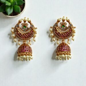 Traditional Gold-Toned Kemp Stone Chandbali Jhumka Earrings with Pearl Droplets