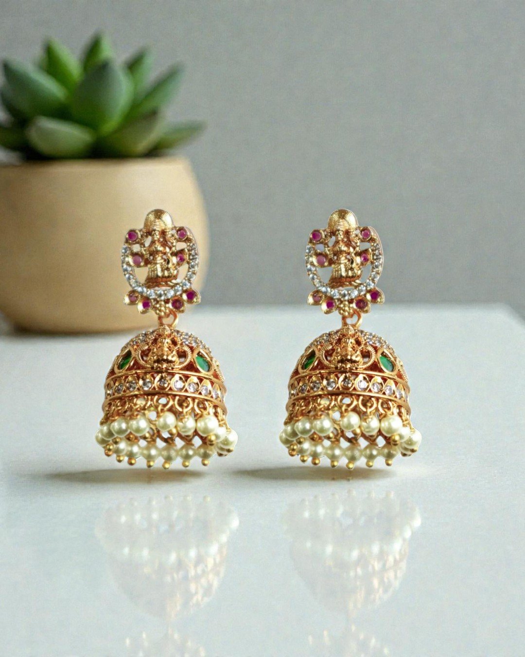 Divine Temple Jhumkas with Ruby and Emerald