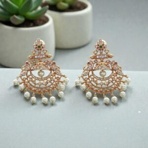 Antique Gold-Plated Earrings with White Stones and Pearl Drops