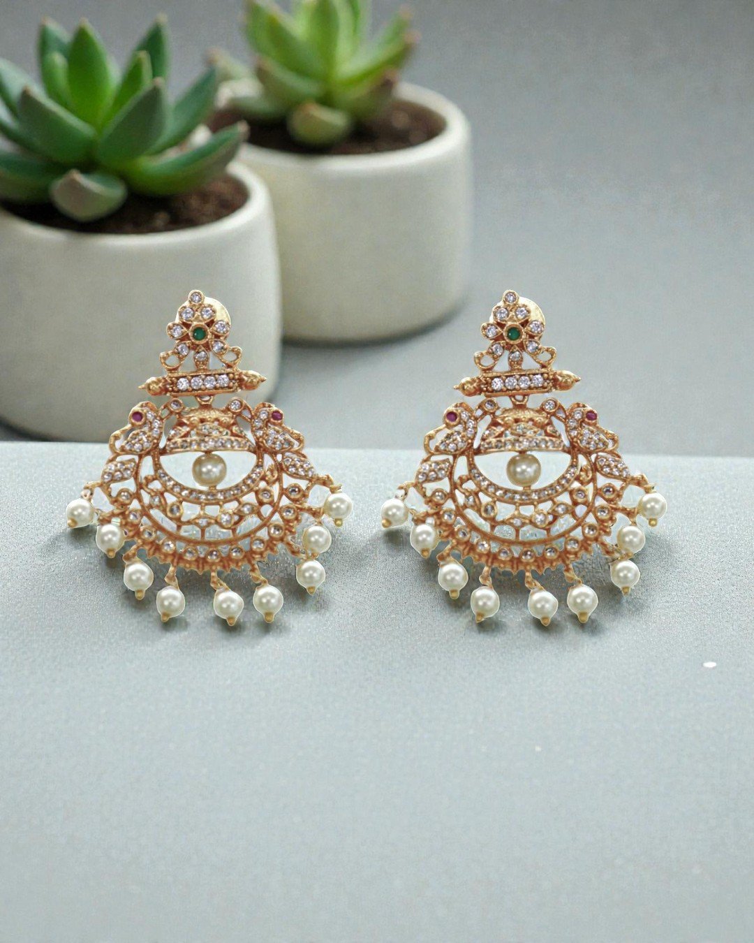 Antique Gold-Plated Earrings with White Stones and Pearl Drops