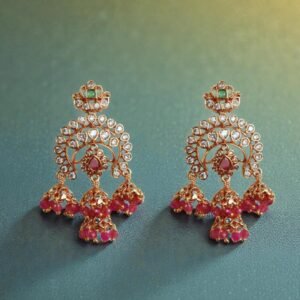 Antique Gold-Plated Navaratna-Inspired Jhumka Earrings