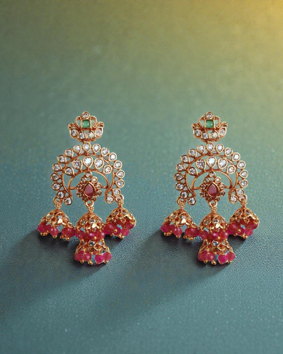 Antique Gold-Plated Navaratna-Inspired Jhumka Earrings