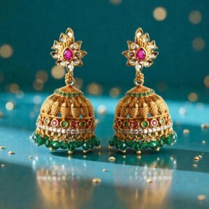 Traditional Gold-Plated Jhumka Earrings with Green Bead Droplets