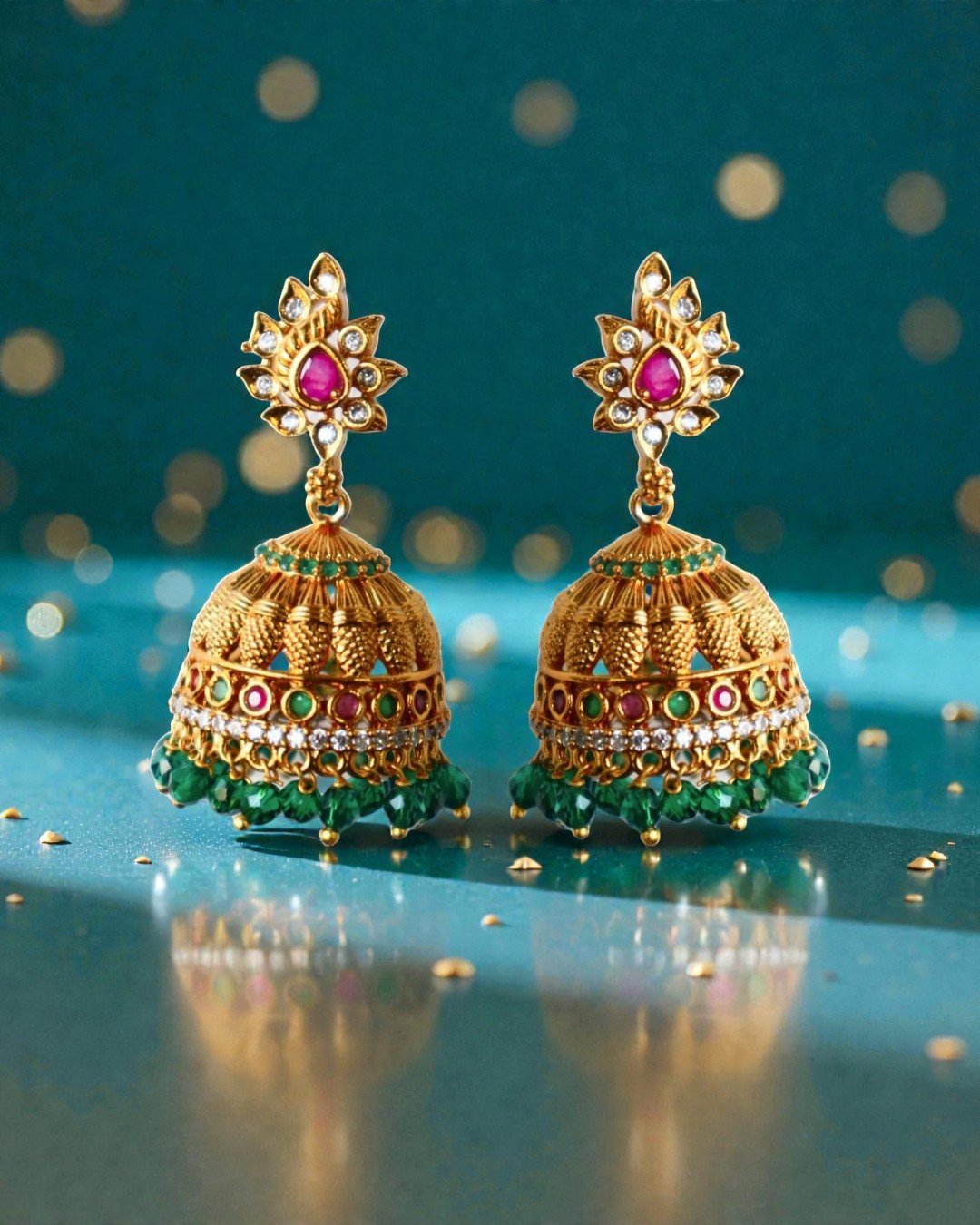 Traditional Gold-Plated Jhumka Earrings with Green Bead Droplets