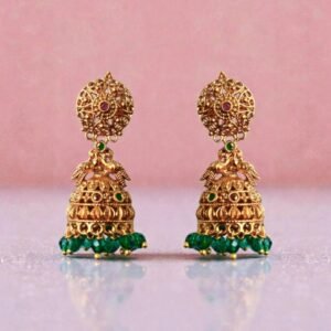 Antique Gold-Plated Traditional Earrings with Emerald Green Beads