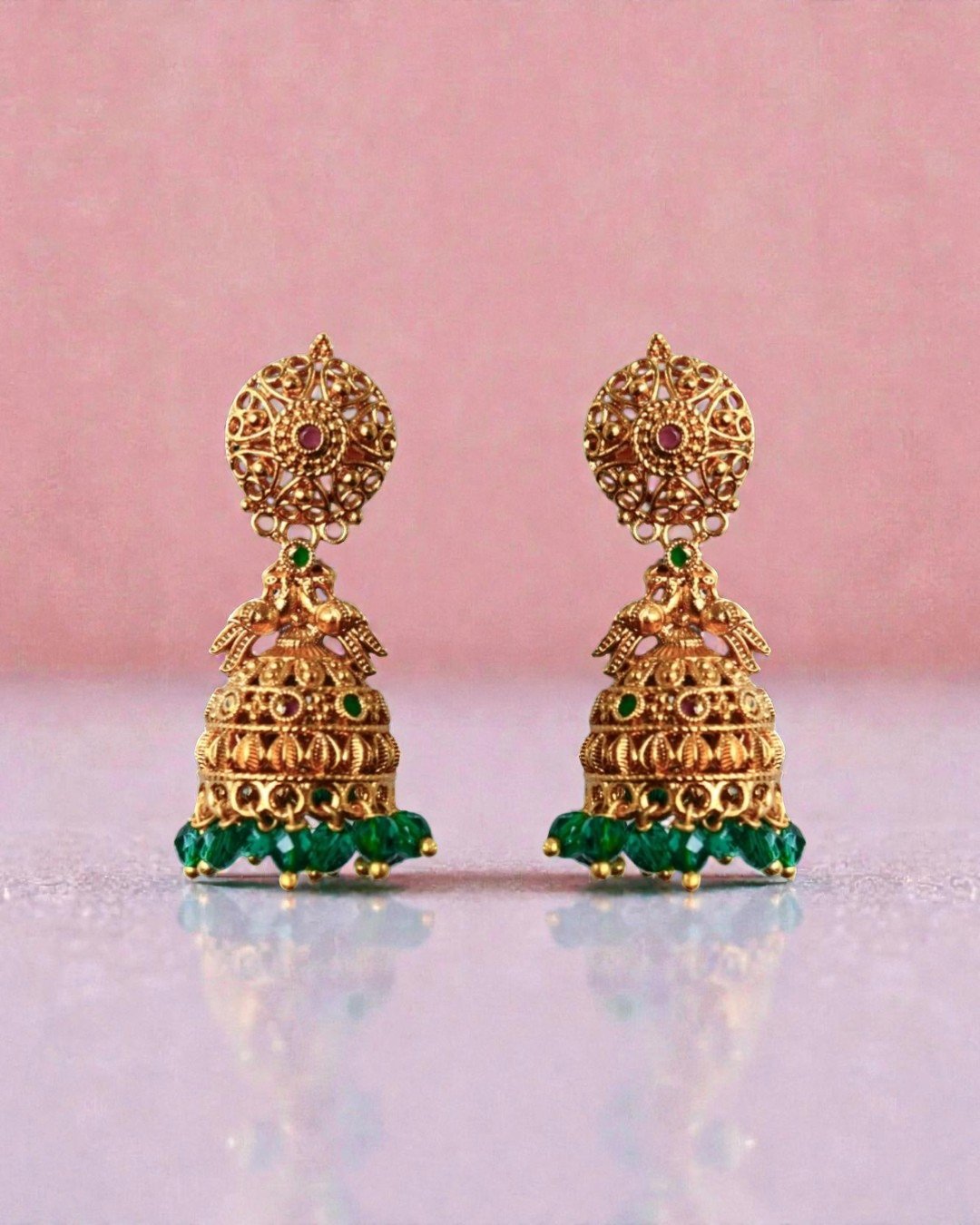Antique Gold-Plated Traditional Earrings with Emerald Green Beads