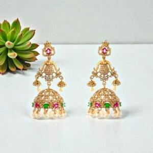 Emerald Stone Gold-Plated Jhumka Earrings with Pearl Droplets