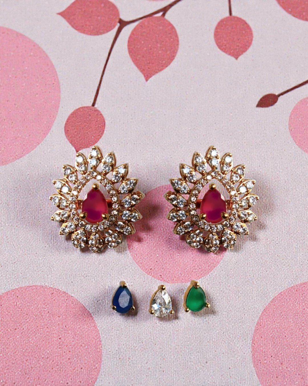 Interchangeable Pear-Cut Stud Earrings with Multi-Gemstone Centers