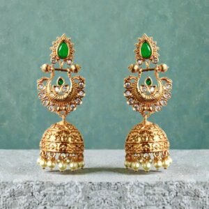 Gold-Plated Emerald & Polki Jhumka Earrings with Pearl Droplets