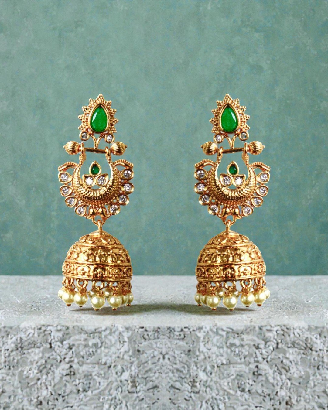 Gold-Plated Emerald & Polki Jhumka Earrings with Pearl Droplets