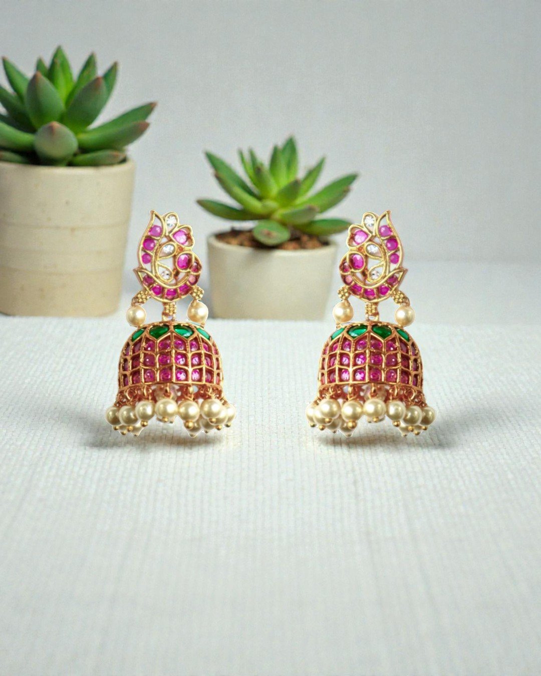 Kemp Stone Gold-Plated Jhumka Earrings with Pearl Droplets