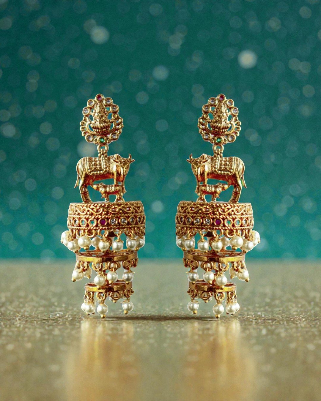 Kamdhenu Antique Gold Jhumkas with Pearl Droplets