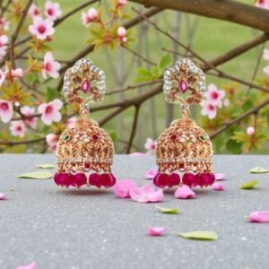 Rose Gold-Plated Floral Jhumka Earrings with Ruby Pink Beads