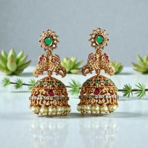 Gold-Plated Peacock Jhumka Earrings with Emerald & Ruby Stones