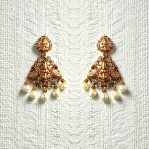 Antique Gold-Plated Goddess Lakshmi Temple Earrings with Pearl Droplets
