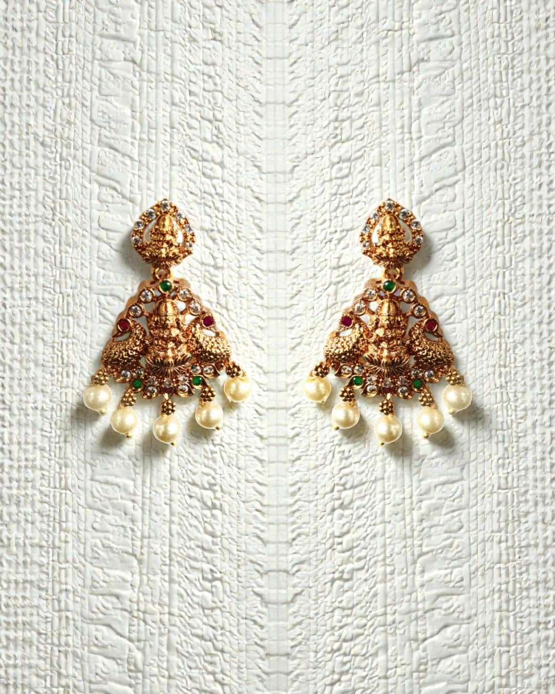 Antique Gold-Plated Goddess Lakshmi Temple Earrings with Pearl Droplets