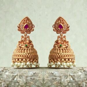 Jhumka Earrings with Peacock Filigree & Pearl Drops