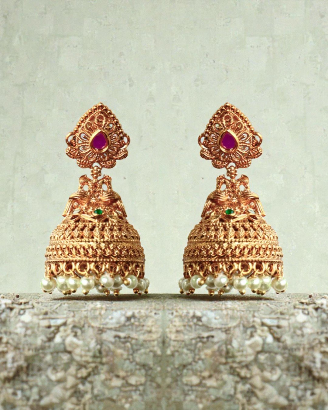 Jhumka Earrings with Peacock Filigree & Pearl Drops