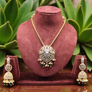 Traditional Gold-Plated Kundan & Pendant Set with Matching Jhumkas