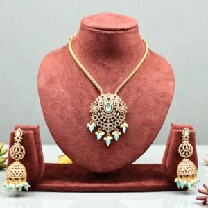 Floral Pendant Set with Mint Green Beads and Matching Jhumkas