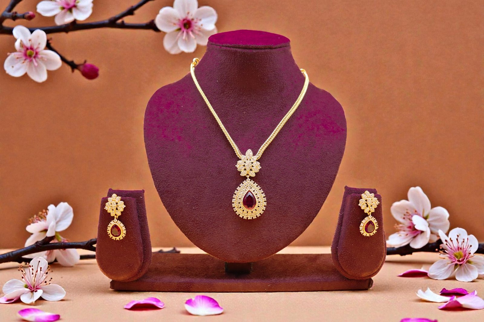 Elegant Pear-Cut Ruby & Gold-Plated Pendant Jewelry Set