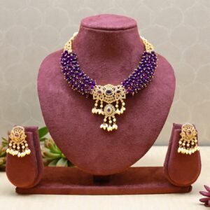 Royal Amethyst-Purple Multi-Strand Beaded Choker Set with Pearl Droplets