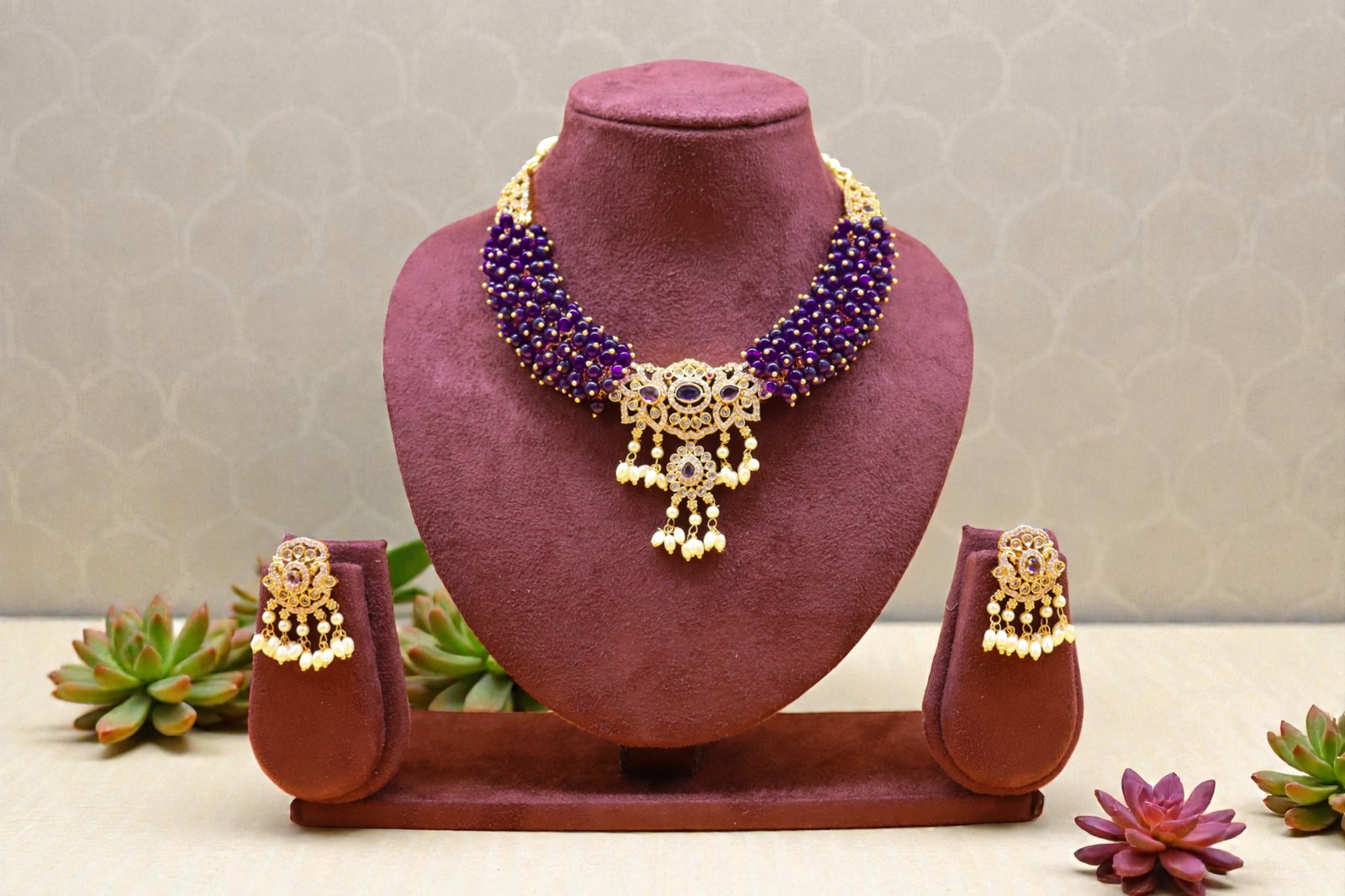 Royal Amethyst-Purple Multi-Strand Beaded Choker Set with Pearl Droplets