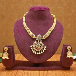 Traditional Gold-Plated Antique Necklace Set with Kemp Stones and Pearl Drops