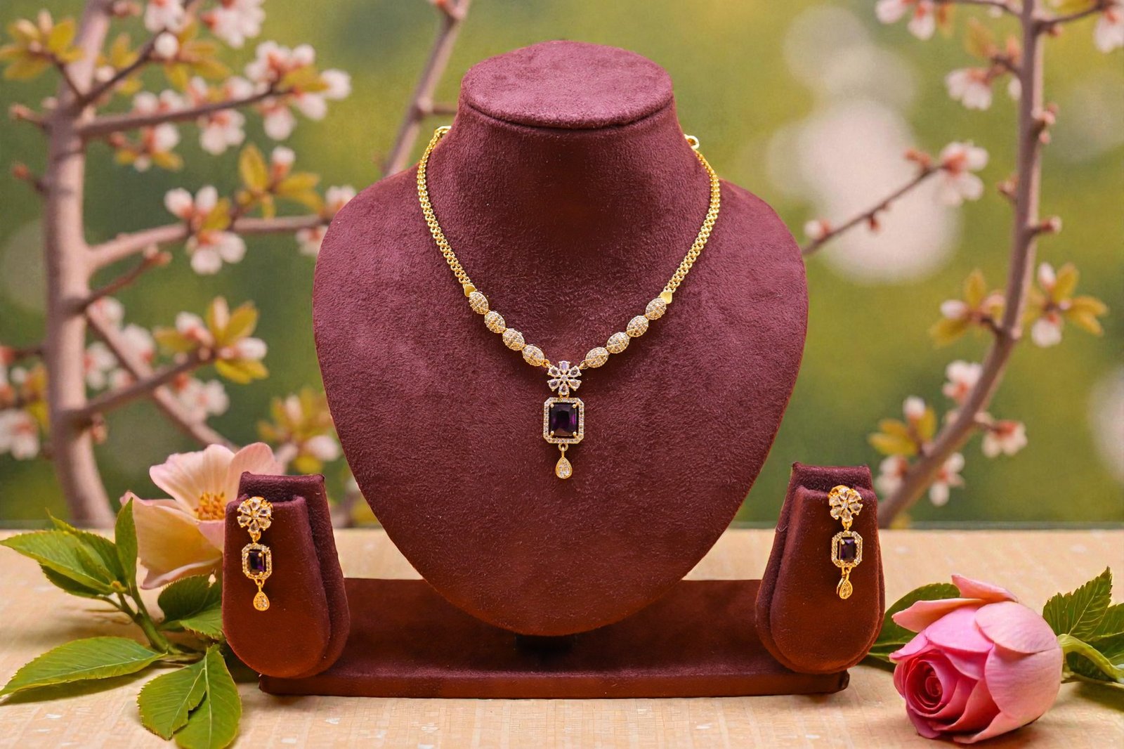 Amethyst-Inspired Emerald-Cut Necklace & Earring Set