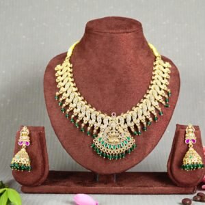 Antique Gold-Plated Manga Malai Necklace Set with Green Beads and Jhumkas