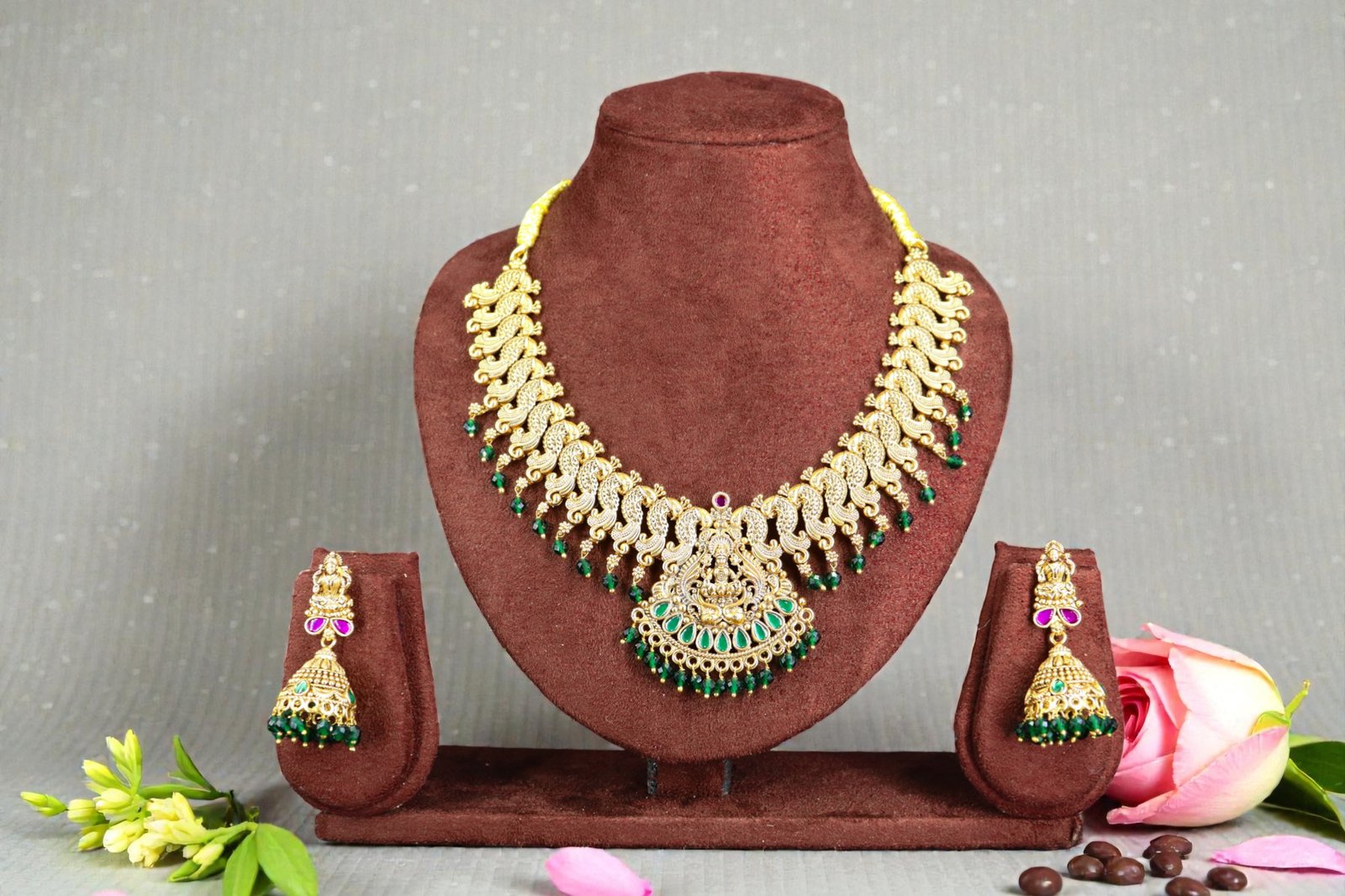 Antique Gold-Plated Manga Malai Necklace Set with Green Beads and Jhumkas