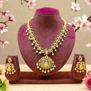 Divine Lakshmi Temple Jewelry Set – Antique Gold Finish Necklace with Matching Jhumkas
