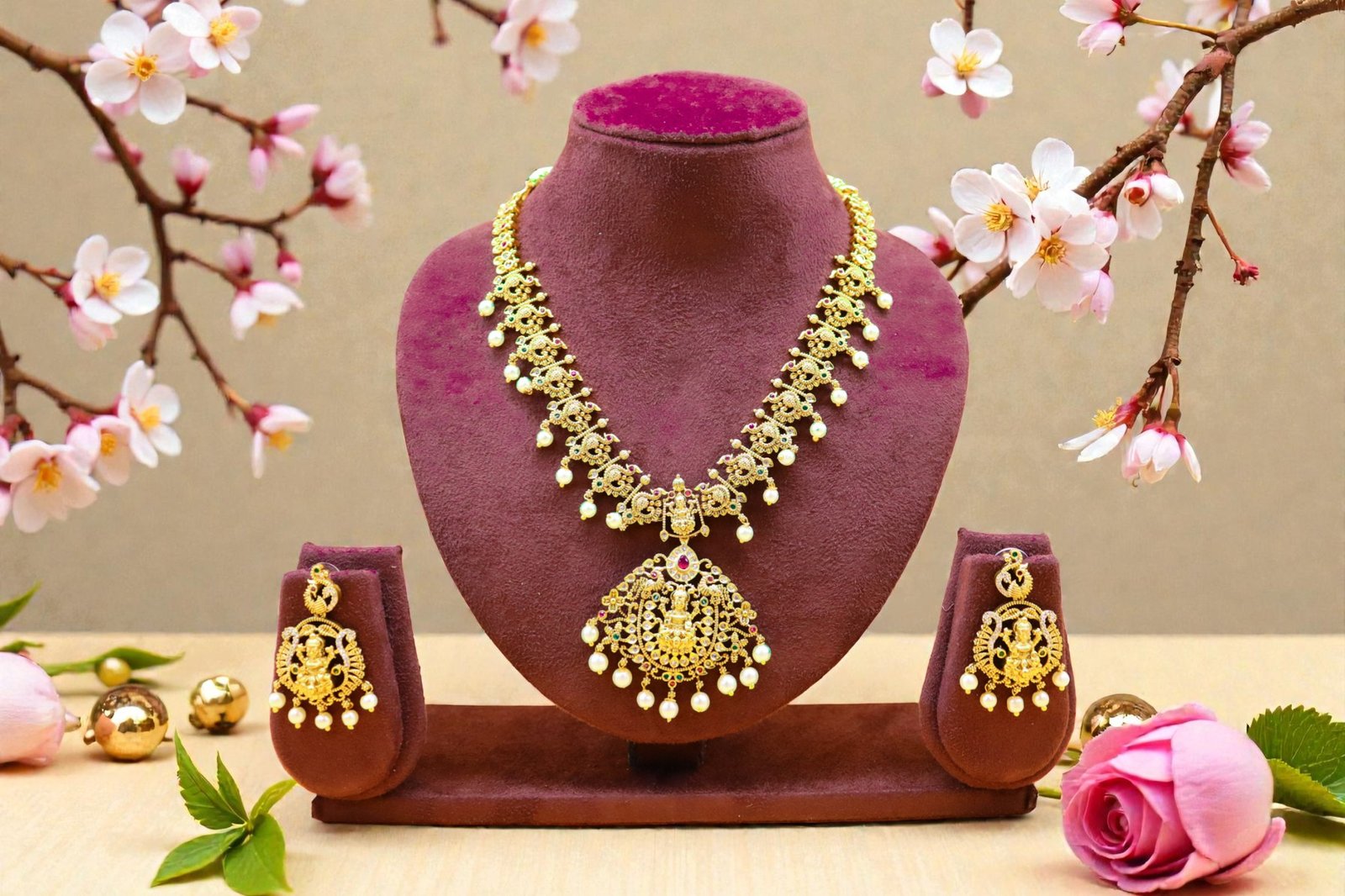 Divine Lakshmi Temple Jewelry Set – Antique Gold Finish Necklace with Matching Jhumkas