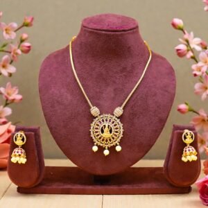 Gold-Plated Necklace & Jhumkas with Ruby Accents