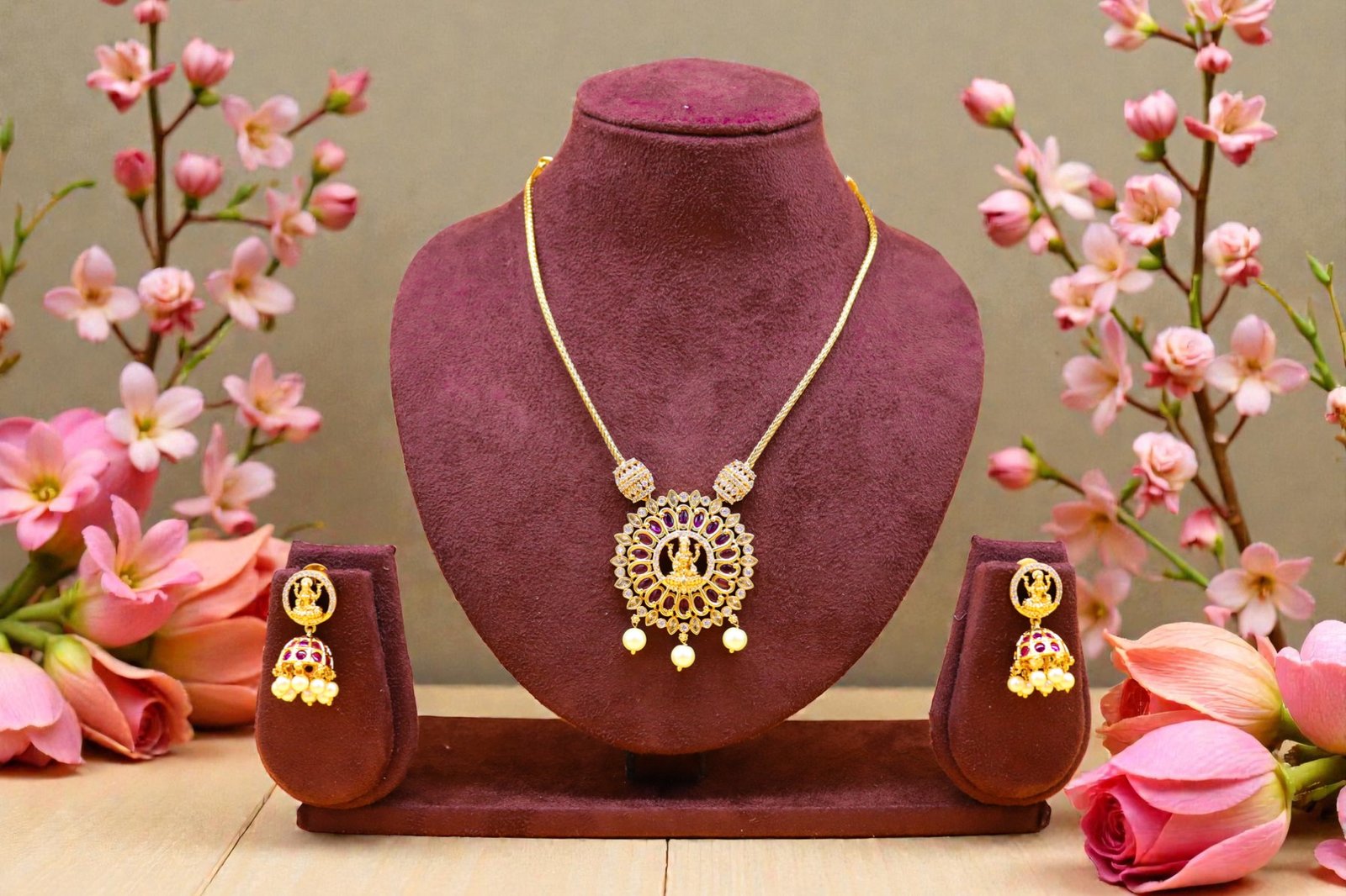 Gold-Plated Necklace & Jhumkas with Ruby Accents