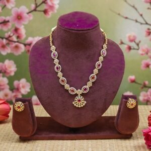 Elegant Ruby & Cubic Zirconia Floral Gold-Plated Necklace Set