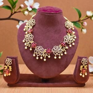 Botanical Bloom Rose-Gold & Ruby Floral Necklace Set with Pearl Accents