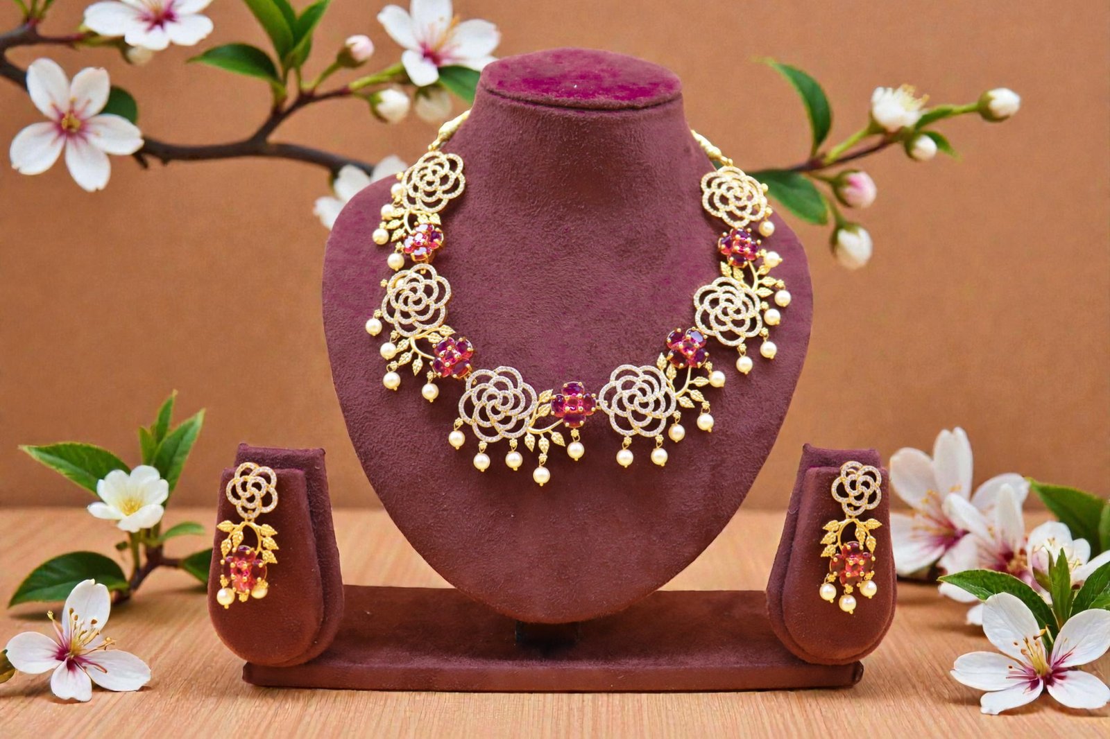 Botanical Bloom Rose-Gold & Ruby Floral Necklace Set with Pearl Accents