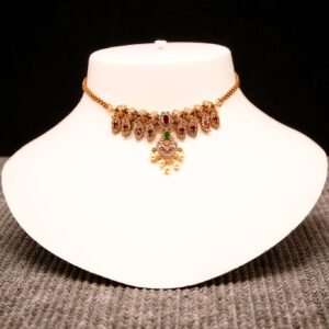 Antique Gold-Plated Choker Necklace with Kemp Stones and Pearl Droplets