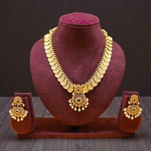 Traditional Gold-Plated Kasu Mala Necklace Set with Kemp Stones and Pearl Droplets