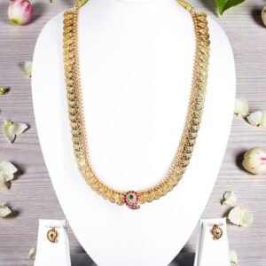 Traditional Gold-Plated Lakshmi Coin Long Haram Necklace Set with Mango Pendant