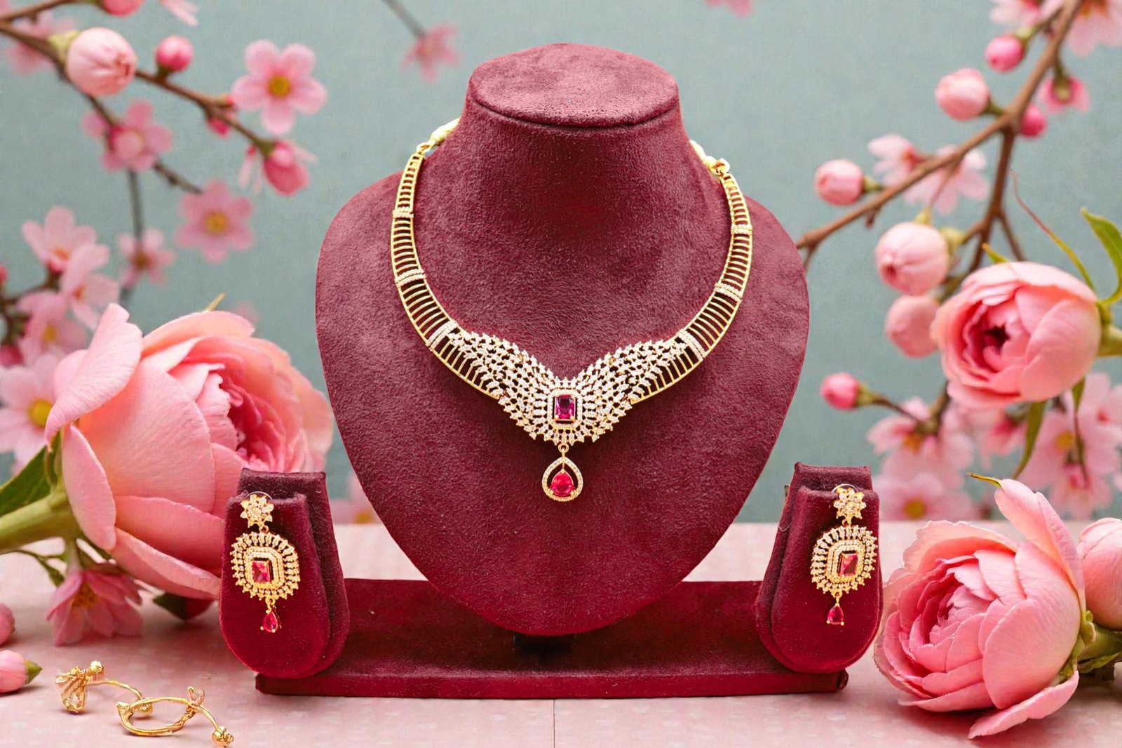 Ruby-Pink & Gold-Tone Choker Set