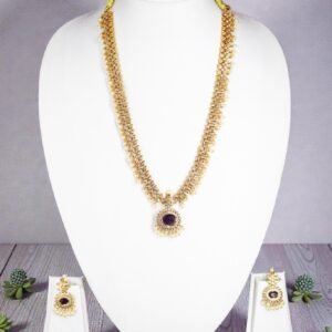 Elegant Amethyst-Purple Long Haram Necklace Set with Matching Drop Earrings