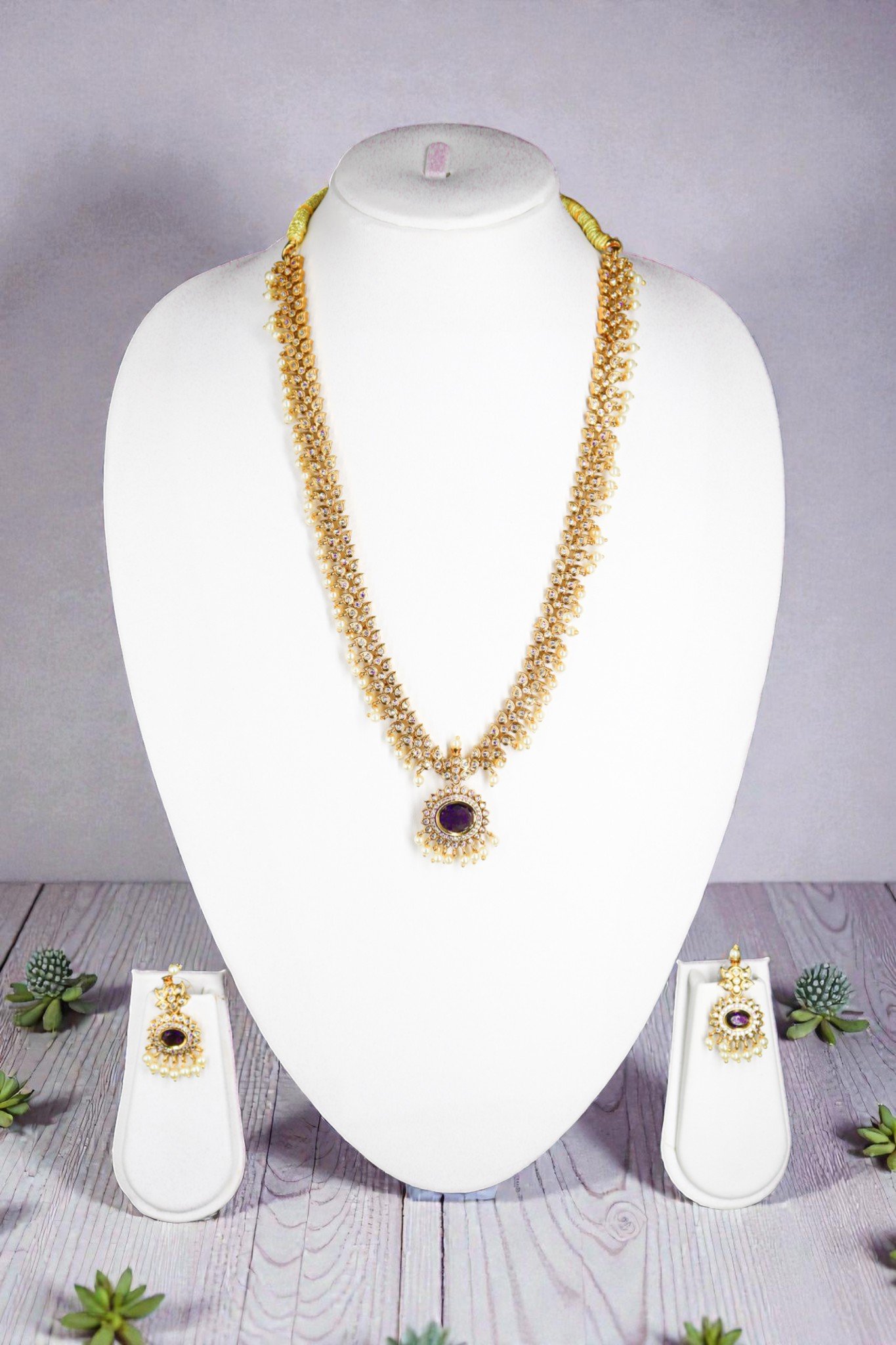 Elegant Amethyst-Purple Long Haram Necklace Set with Matching Drop Earrings