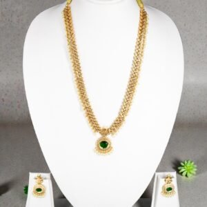 Antique Gold-Plated Long Haram Necklace Set with Emerald Green Stone and Pearl Droplets