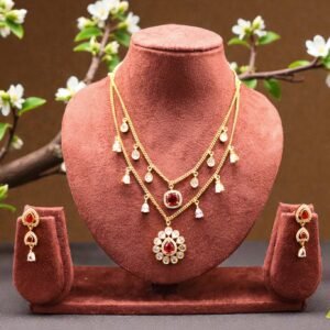 Elegant Two-Tier Ruby-Red & Cubic Zirconia Gold-Plated Necklace Set