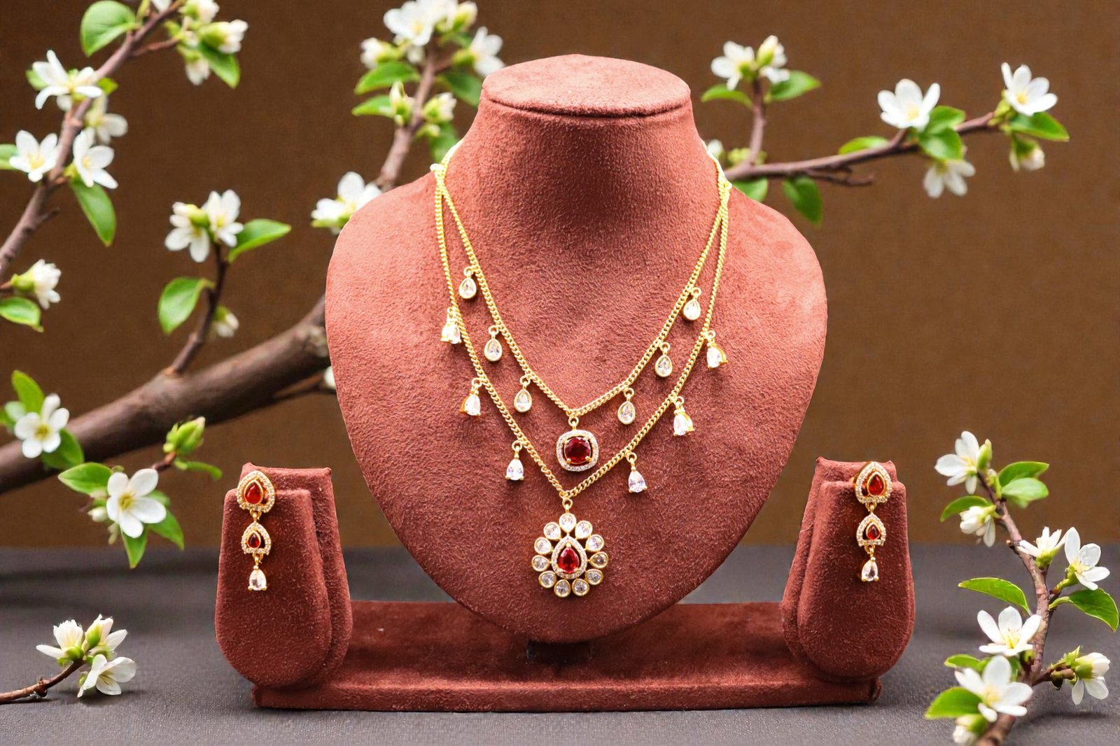 Elegant Two-Tier Ruby-Red & Cubic Zirconia Gold-Plated Necklace Set