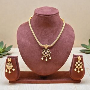 Gold-Plated Floral Mandala Necklace & Earrings Set with Ruby and Pearl Drops
